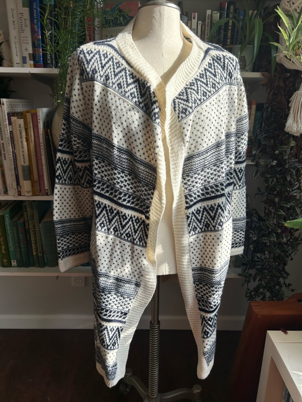 Open-Front Cream and Navy Patterned Knit Cardigan